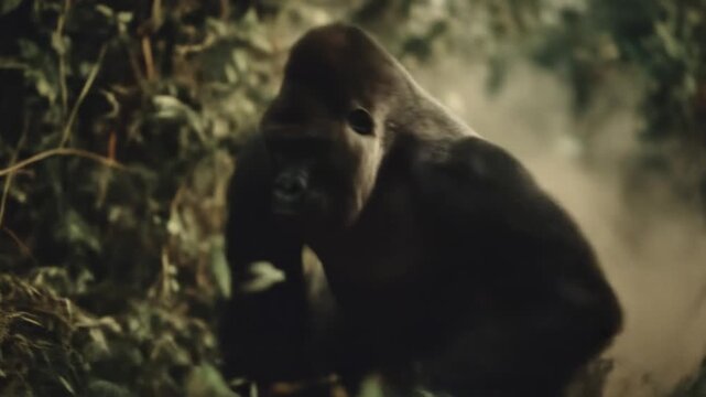 A muscular silverback gorilla steps through misty forest foliage, framed by shadowy greenery. softly