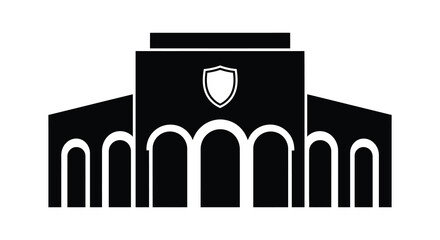 University building silhouette with arches and shield emblem silhouette