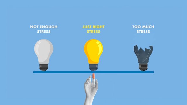 Stress Levels Balance Concept with Light Bulbs Showing Low Stress, Optimal Stress, and Burnout on a Scale Supported by Hand
