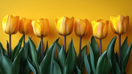 Obraz premium A vibrant row of tulips showcasing their colorful blooms and lush green leaves, set against a sunny yellow backdrop. Perfect for spring, gardening, or floral themes.
