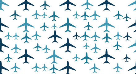 Dynamic seamless pattern featuring scattered airplanes in varying sizes and shades of blue against a clean white background.