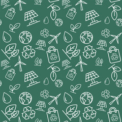 Eco-friendly seamless pattern featuring solar panels, wind turbines, recycling symbols, and nature elements in white line art on green. Sustainable energy background.