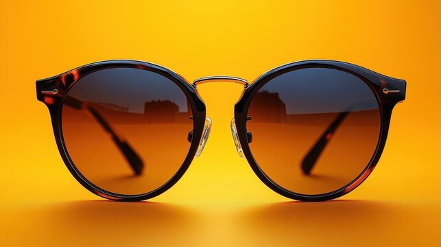 A pair of fashionable sunglasses featuring a tortoiseshell pattern on the lenses, set against a vibrant orange backdrop. Ideal for fashion, summer, and accessory photography. - Powered by Adobe