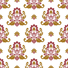 Classic Damask gold and red color Seamless Pattern on a pearl color background.	