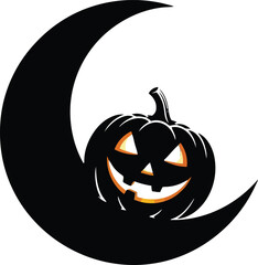 Spooky jack o lantern pumpkin rests on a crescent moon