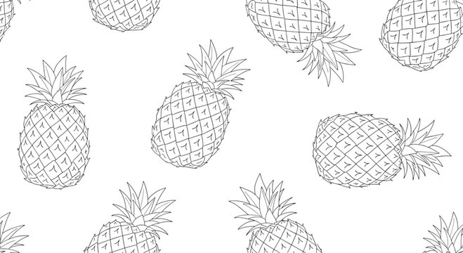 Tropical seamless pattern of hand-drawn outlined pineapples in different orientations creating a fresh exotic fruit design.
