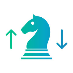 Gradient color icon of chess knight with rising arrow representing strategic market decisions.
