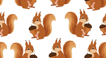 Obraz premium Adorable seamless pattern of charming cartoon squirrels holding acorns creating a cute and playful wildlife background.
