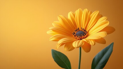 A stunning close-up photograph of a single, vibrant yellow daisy with dark centers. The flower's petals radiate warmth and beauty against a gradient orange background, creating a striking visual.