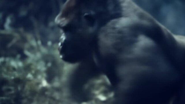 A colossal dark gorilla stands in a misty jungle, muscles tense, eyes piercing blue gloom and power