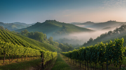 nebbiolo. Nebbiolo vineyard on Piedmont hills at sunrise with morning mist over grapes. menu design, packaging mockups, designed for culinary blogs and recipe cards for restaurants.