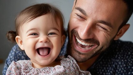 Joyful Moment with Father and Baby: A heartwarming scene captures a father and baby sharing a moment of pure joy, their faces lit with infectious laughter.