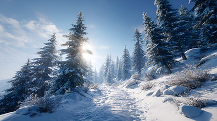 Commercial photos of winter snow scenes in mountain forests and snowfields
