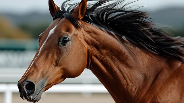 Majestic brown horse galloping with flowing mane, showcasing powerful movement and grace, captured in a dynamic sequence with a smooth camera pan and gradual zoom in for dramatic effect