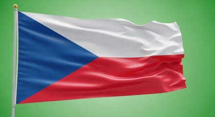Obraz premium Czech Republic flag waving on a pole, isolated on a solid green background, chroma key compositing for national pride and independence day content.