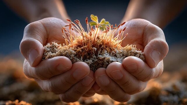 Nurturing Life's Beginnings: Two hands cradle a tender sprig of new life, a metaphor for growth, care, and the preciousness of nature, symbolizing the start of something beautiful.