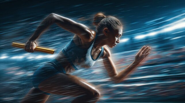 Female Sprinter Passing Baton in Motion