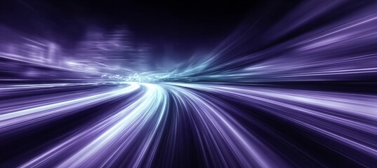 Futuristic city skyline at night with dynamic motion blurred purple light trails and abstract design