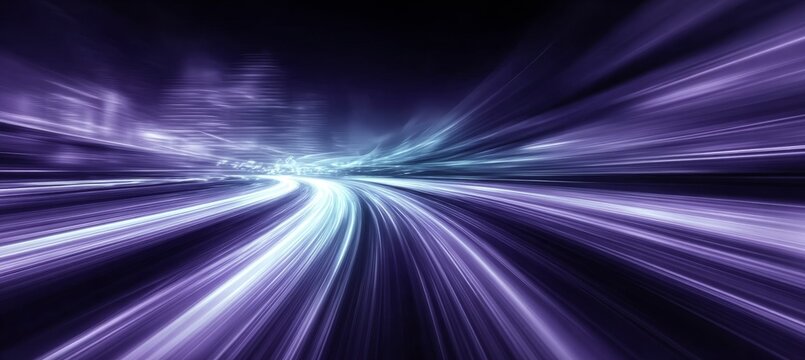 Futuristic city skyline at night with dynamic motion blurred purple light trails and abstract design