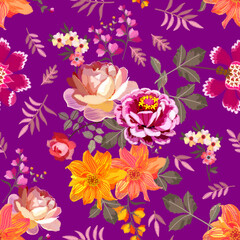 Seamless natural pattern on purple background. Embroidered bouquets of beautiful garden flowers 