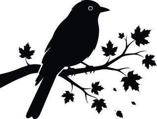 Black silhouette of a bird perched on a branch with autumn leaves
