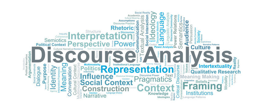 Discourse Analysis Word Cloud. Key terms highlighting language, context, ideology, power, and meaning-making across social, cultural, and political communication studies.
