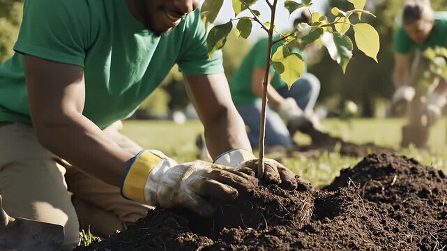 People planting a tree outdoors in a community service activity on a sunny day to promote environmental conservation and green initiatives