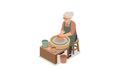 Elderly woman crafting pottery on wheel with isometric design