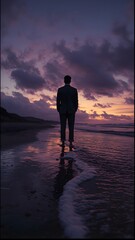 Business man profile silhouette on calm ocean at dusk