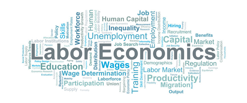 Labor Economics Word Cloud. Key concepts covering wages, employment, human capital, productivity, and policy factors shaping modern labor markets and workforce dynamics.