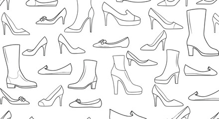 Stylish seamless pattern featuring various types of women's shoes and boots in clean outline illustrations, presented on a white background.