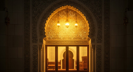 Grand illuminated archway with intricate golden details and a warm glowing entrance.