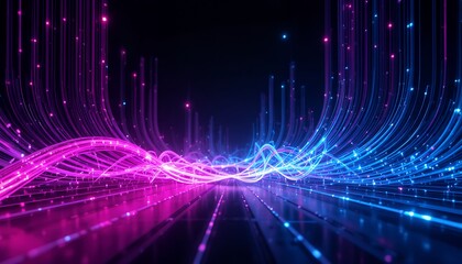 Vibrant flowing neon lines representing futuristic digital connectivity and data streams in dark