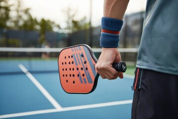 Player holds a pickleball paddle on a blue court during a sunny afternoon game