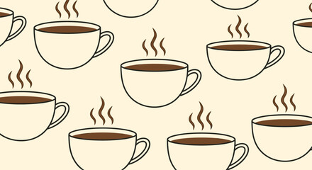 Comforting seamless pattern featuring numerous steaming coffee cups and mugs with handles, artfully arranged on a warm light beige background.