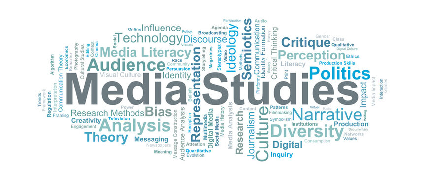 Media Studies Word Cloud. Key terms illustrating communication, representation, culture, audience analysis, and critical perspectives within modern media environments.