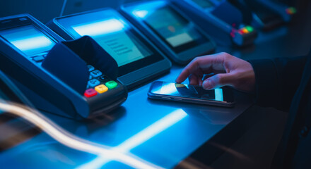 Modern contactless payment with sleek terminals and a person's hand paying with mobile phone, illuminated by blue light.