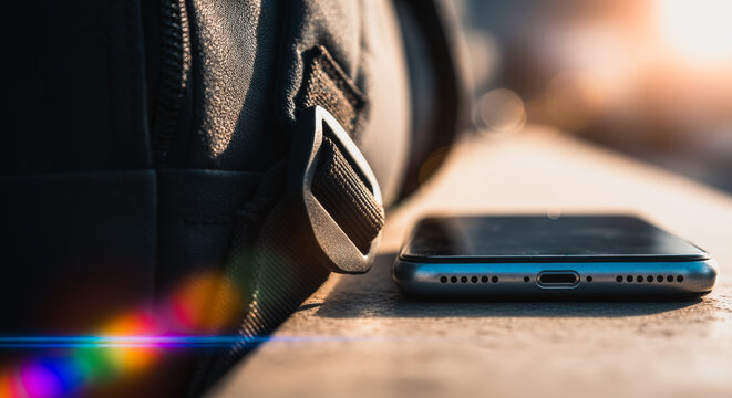 An intimate outdoor setting features a modern smartphone next to a backpack. The scene is illuminated by warm sunlight, creating a dynamic interplay of shadows and textures.