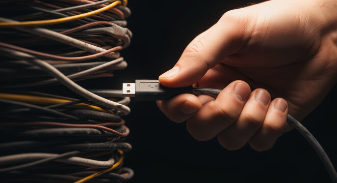 A close-up shot of a hand plugging a USB cable into a dense bundle of wires against a stark, dark backdrop. It is emphasizing the concepts of connection, technology, and data transfer. 