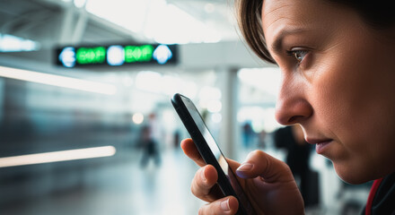 A woman engrossed in her phone, lost in a sea of thoughts and digital communication at the airport. Captured with a blend of natural light and urban aesthetics.