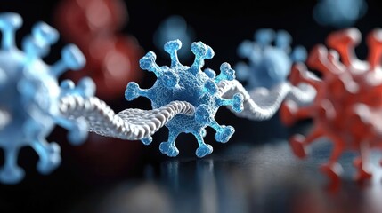 A close-up, abstract 3D render shows blue and red virus particles, resembling coronaviruses, connected by a white strand that appears to be DNA or a protein cha