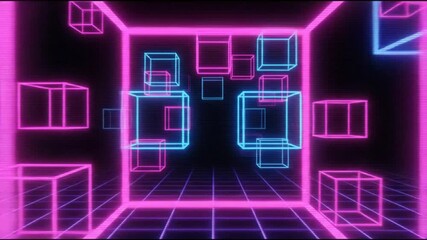 Neon pink and blue wireframe cubes floating over retro grid background - Powered by Adobe