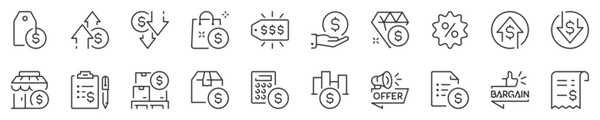 Naklejka premium Price concepts, thin line icon set. Symbol collection in transparent background. Editable vector stroke. 512x512 Pixel Perfect.