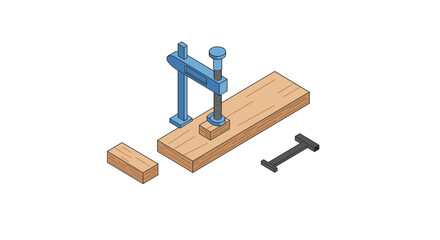 Isometric woodworking clamp with wood planks and tool in workshop setting