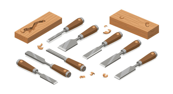 Isometric set of wood carving chisels and timber blocks for craft and carpentry projects