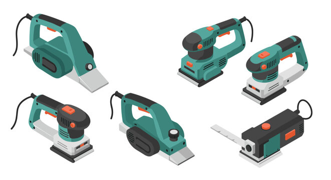 Isometric set of electric hand sanders in green and black for woodworking projects
