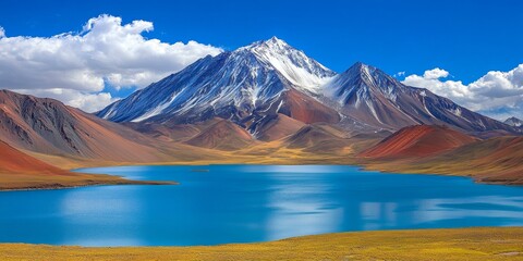 Stunning Pristine Alpine Lake Reflection with Majestic Snow-Capped Mountains Under a Clear Blue Sky