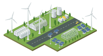 Sustainable energy farm with wind turbines and solar panels in isometric design
