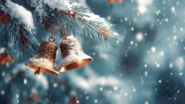 Two small bells hang from frost-kissed pine as snow drifts a soft blue winter glow surrounds softly