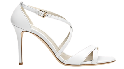 A white high heel sandal standing isolated on a transparent background, elegant feminine footwear, clean PNG, ultra realistic detail, crisp edges, high resolution product image.